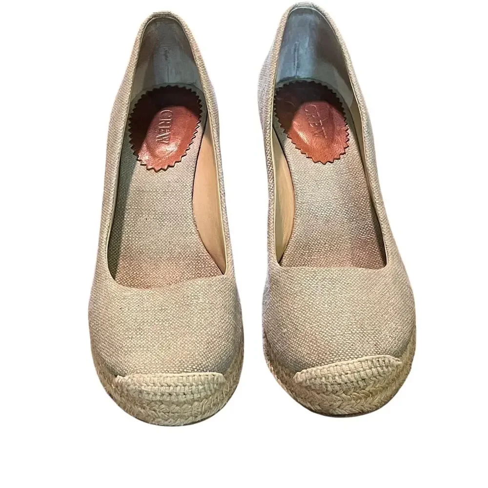 J. Crew Seville Espadrille Canvas Wedge, Beige /Gray Metallic, Classic, Size 9